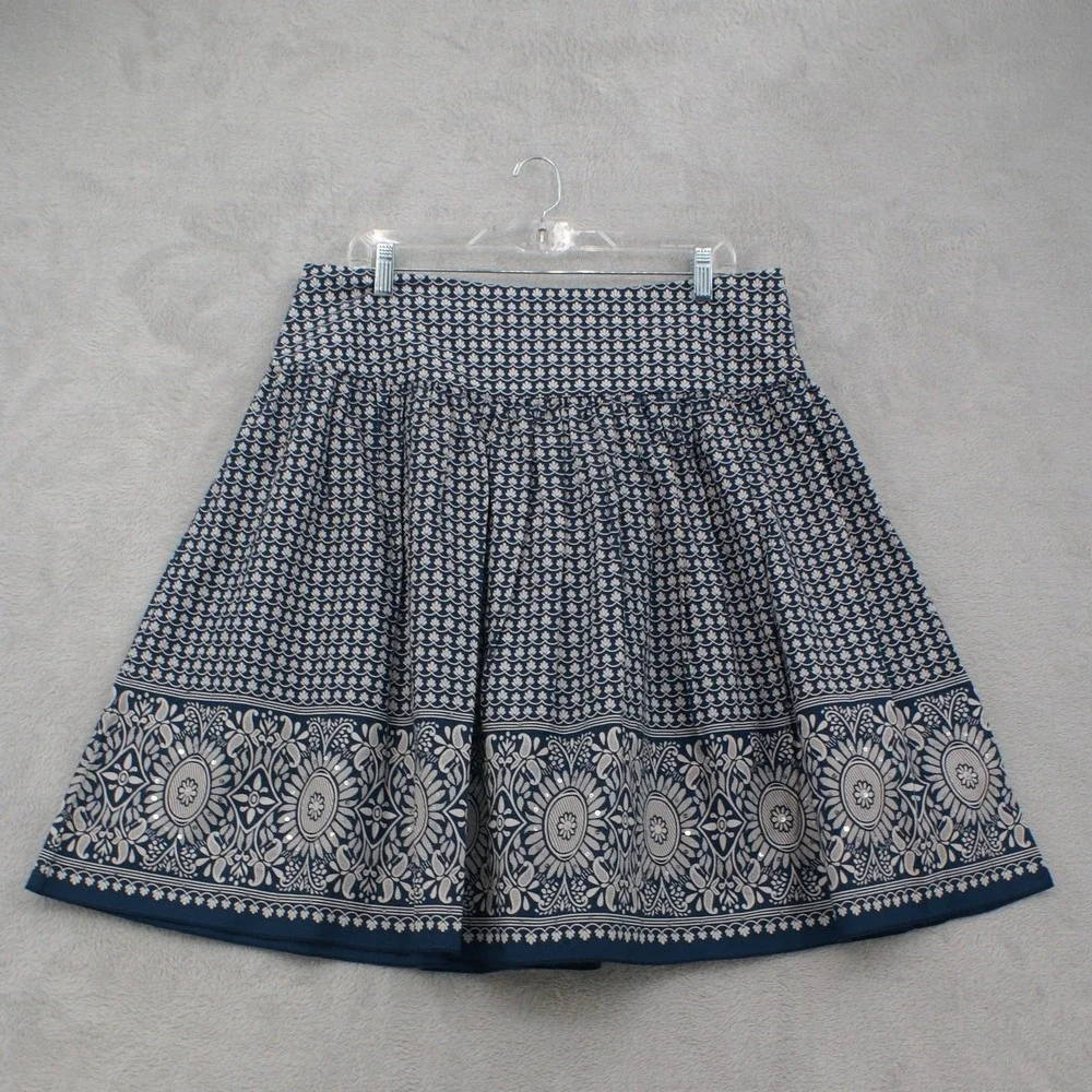 St. Johns Bay Blue White Paisley Sequin Cotton A-Line Skirt Women Size 16 Boho